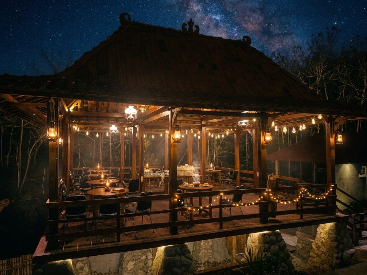 Joglo kayu Villa Satu Indonesia di bawah langit malam berbintang